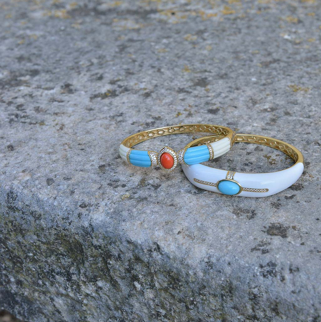 Pozłacana Bransoletka Bangle z Emalią i Turkusową Żywicą - zdjęcie 3