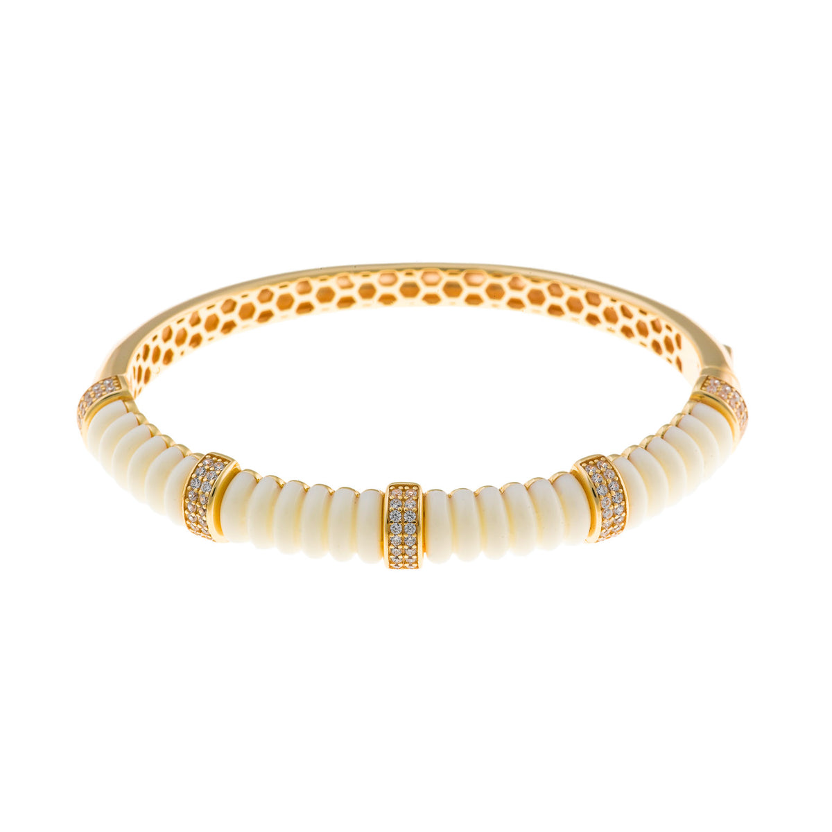 Pozłacana Bransoletka Bangle Prążkowana Biała Emalia - zdjęcie 1