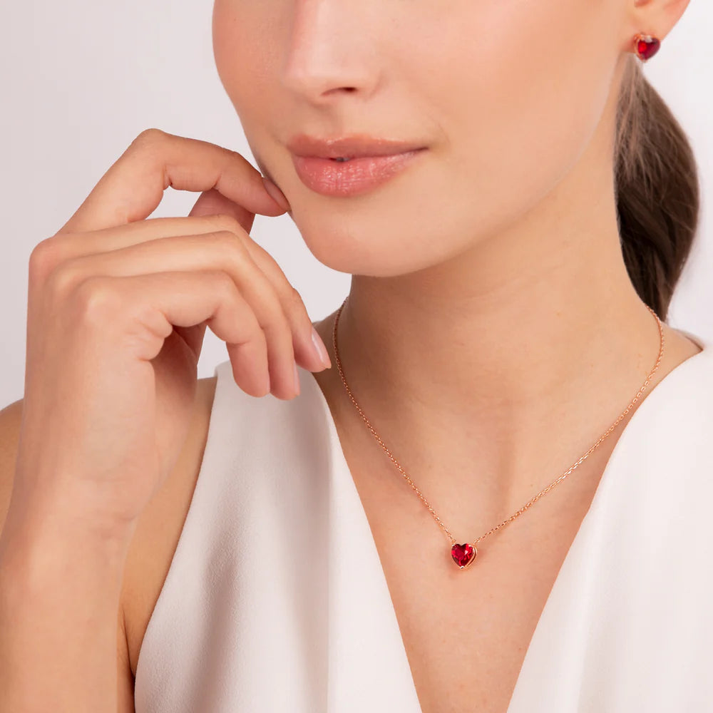 Pozłacany Komplet Biżuterii Naszyjnik i Kolczyki Czerwone Serca - zdjęcie 2