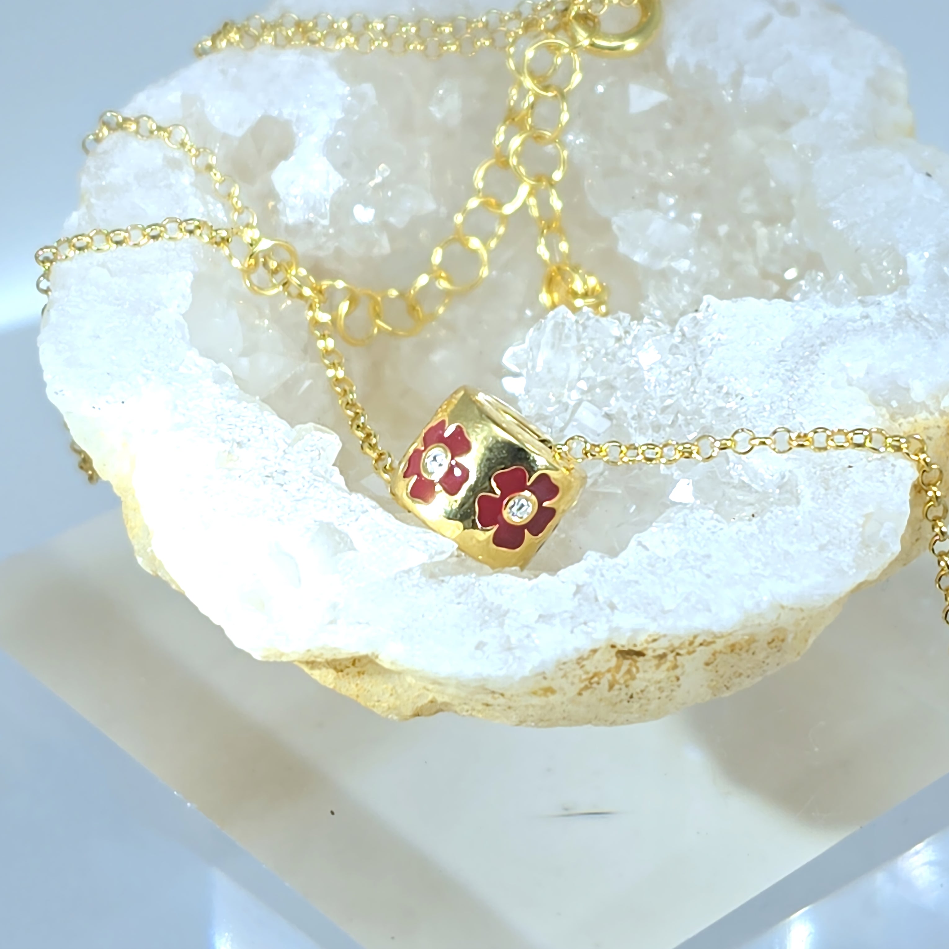 Złoty Naszyjnik Szpulka w Kwiaty, Czerwona Emalia | Romantyczny Prezent | Vivagem