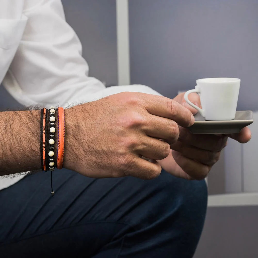 Męska Bransoleta Skórzana Zeades Monte Carlo Catamaran | Pomarańczowa z Granatowym Szwem | Vivagem