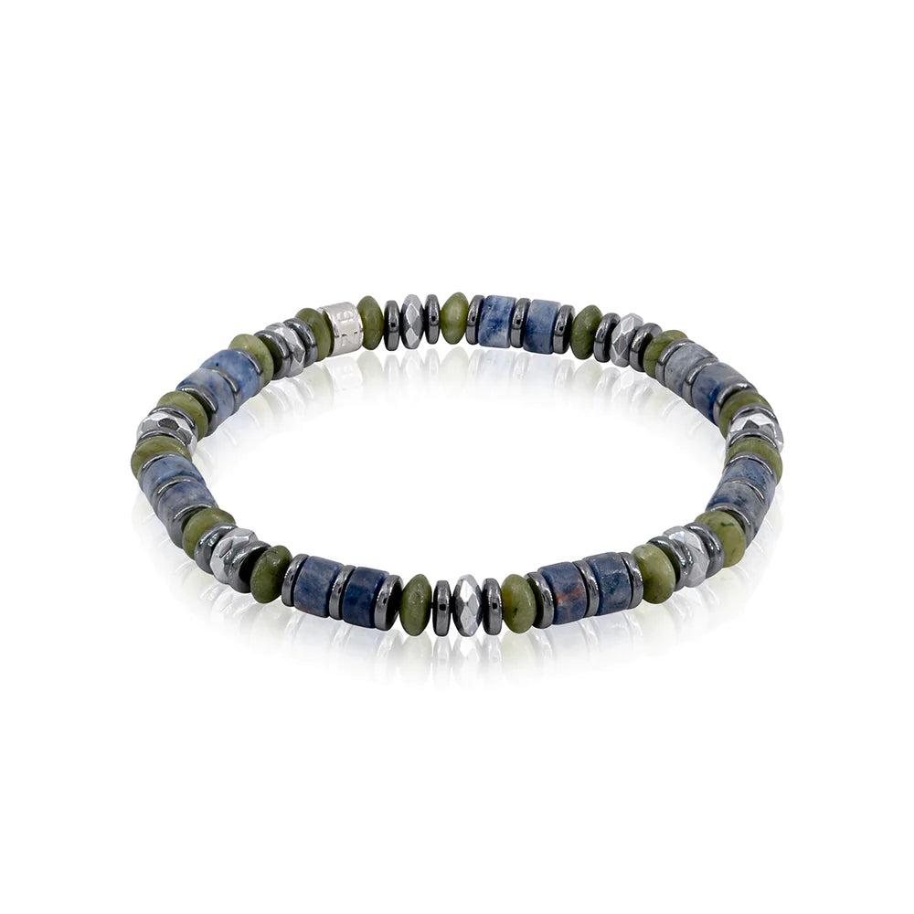 Męska bransoleta z koralików sodalit oliwin i hematyt na gumce zeades richtis waterfall.