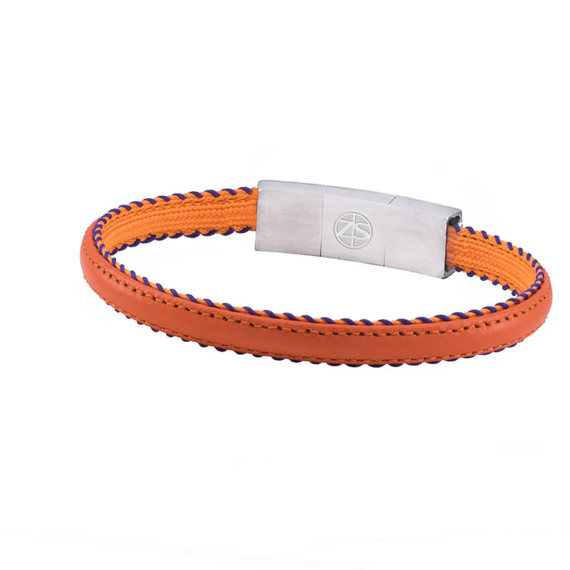 Męska bransoleta skórzana pomarańczowa z niebieską nicią i stalowym zapięciem Zeades Catamaran.