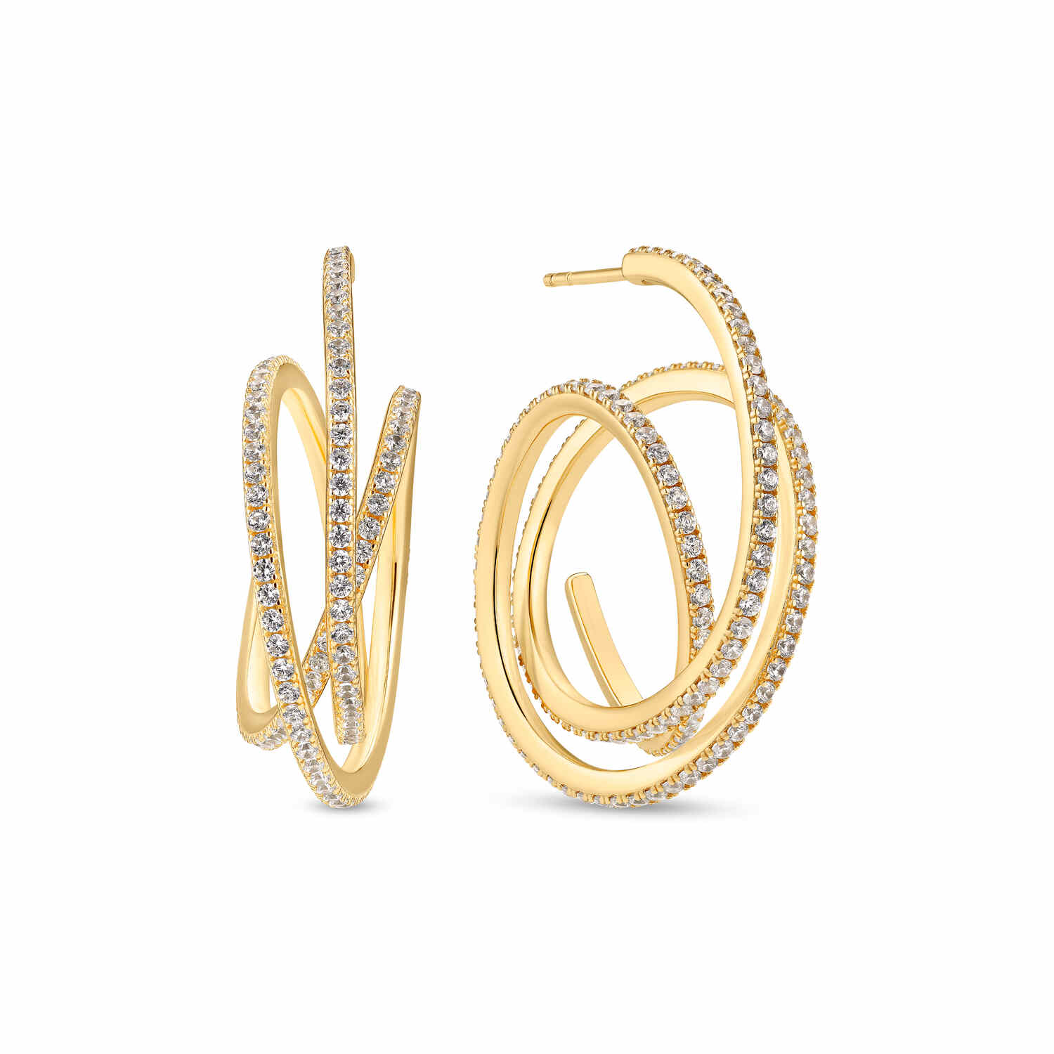 Złote Spirale Blasku: Kolczyki Spirale, Srebro 925, Pozłacane 18k, Cyrkonie Pavé, Vivagem Selection