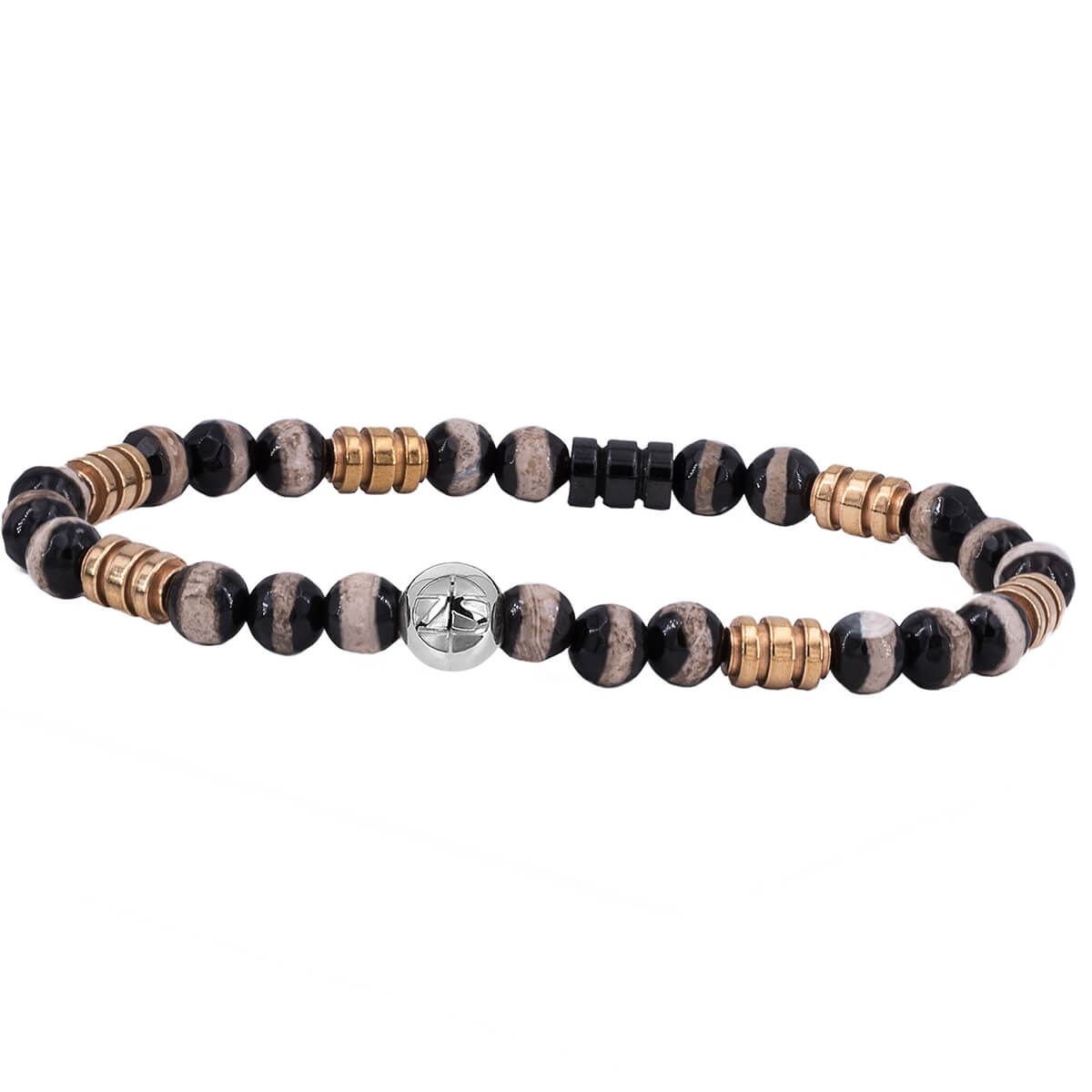 Męska bransoleta z koralików agat zebra i różowe złoto zeades zanzibar.