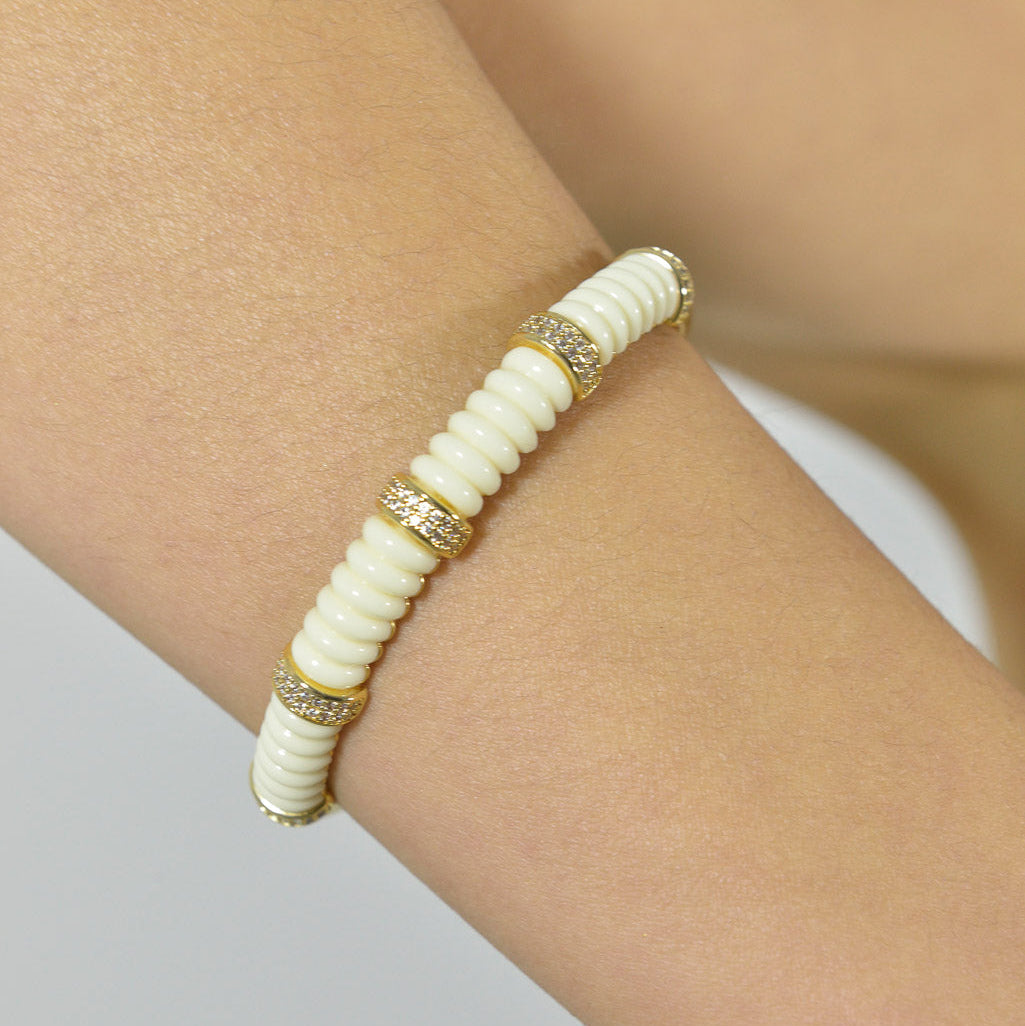 Pozłacana Bransoletka Bangle Prążkowana Biała Emalia - zdjęcie 2