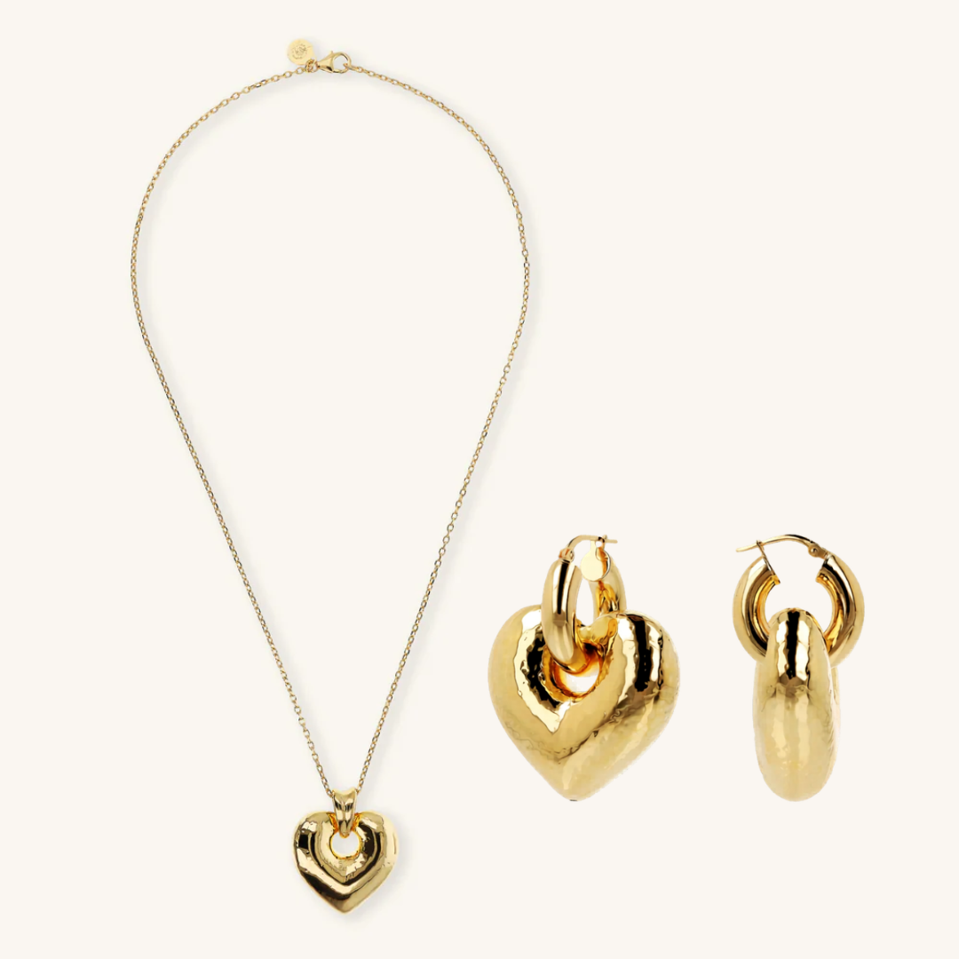 Pozłacany Komplet Biżuterii Naszyjnik i Kolczyki Młotkowane Serca - zdjęcie 3