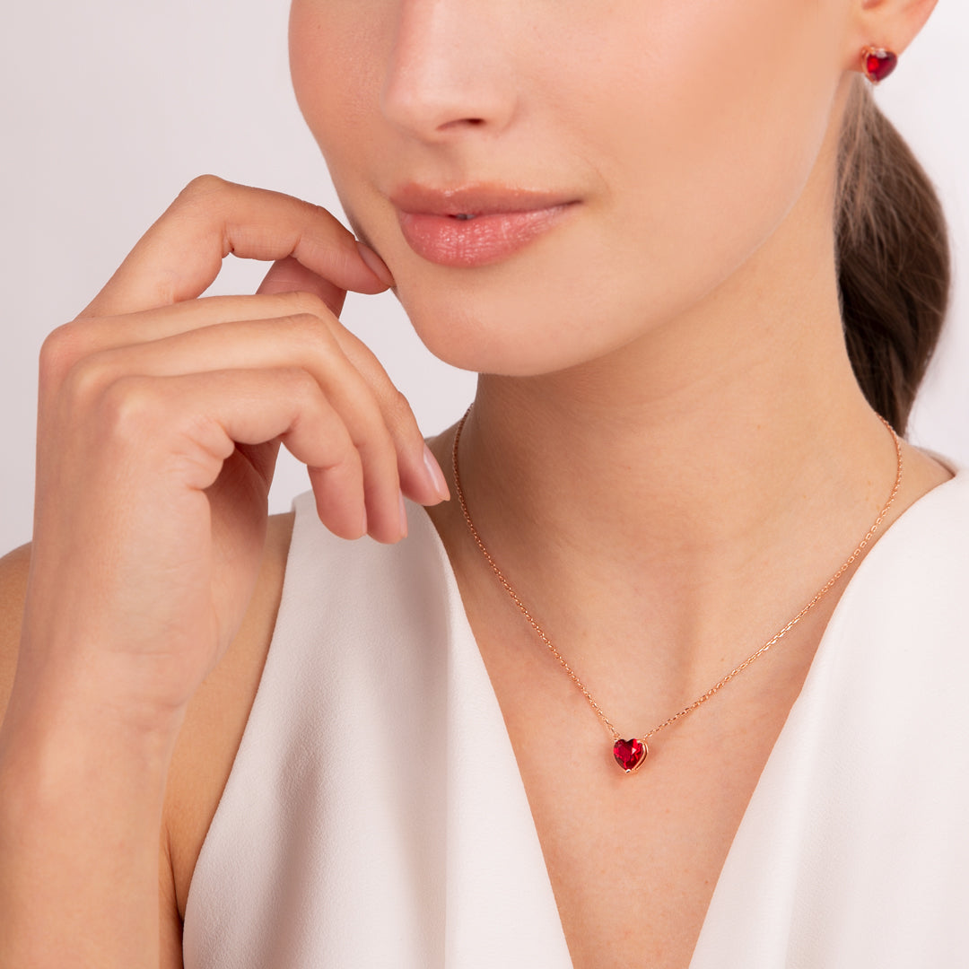 Naszyjnik Serce Golden Rosé Rubinowa Cyrkonia | Różowe Złoto 18k | Vivagem