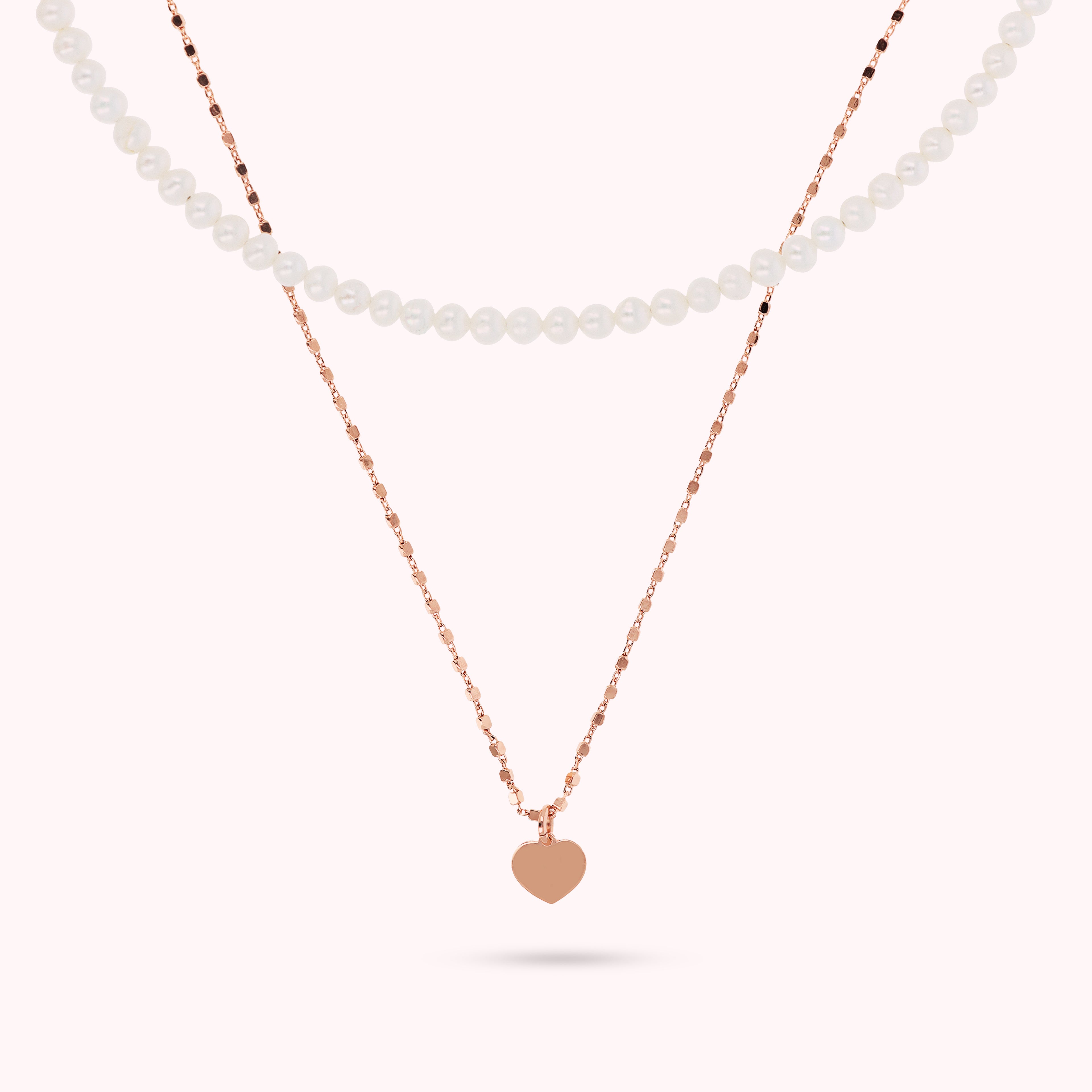 Naszyjnik Podwójny Perły i Serce | Różowe Złoto Hipoalergiczny | Vivagem