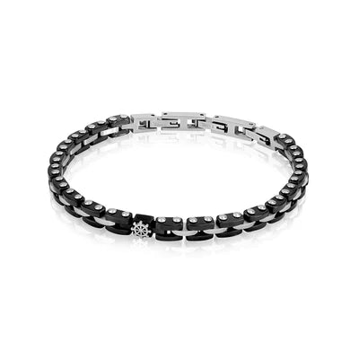 Męska bransoleta ogniwowa zeades crete stal i czarna ceramika motyw steru.