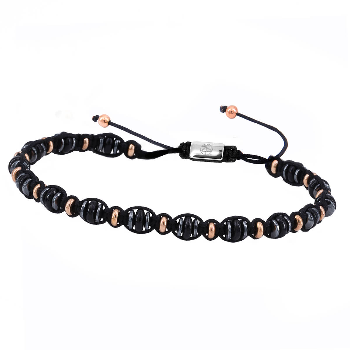 Męska bransoleta sznurkowa z koralikami hematyt onyks i różowe złoto zeades catalac.